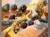 peinture représentant un tableau représentant un paysage avec des arbres et une maison