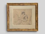 a drawing of a woman sitting on a couch in a gold frame