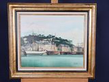 an oil painting of a harbor scene with a boat in the water