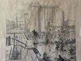 an old drawing of a building being built with people on it