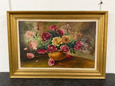 an oil painting of a vase of flowers on a table
