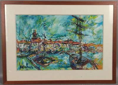 peinture de bateaux dans un port avec des bâtiments en arrière-plan