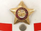 a white helmet with a gold star and a red ribbon
