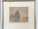 a painting of a landscape with trees and a river in the foreground
