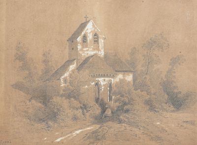 a drawing of a church in the middle of a field