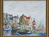une peinture à l'huile représentant des bateaux dans un port avec des bâtiments à l'arrière-plan