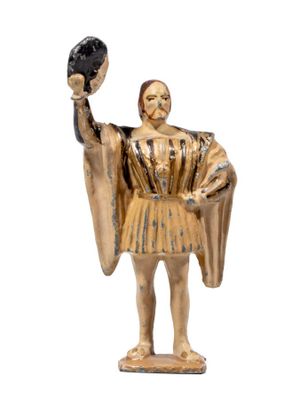 figurine of a man holding a fan on a white background
