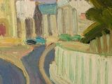 a painting of a city street with a clock tower in the background