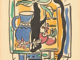 tableau représentant un chat noir assis sur une table à côté d'un vase bleu