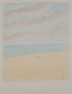une photo d'un tableau représentant deux oiseaux sur la plage