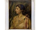 tableau représentant une femme vêtue d'une robe dorée, avec une fleur dans les cheveux