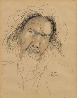 an old drawing of a man with long hair and a beard