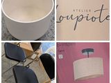 a collage of pictures of a table with chairs and a lamp