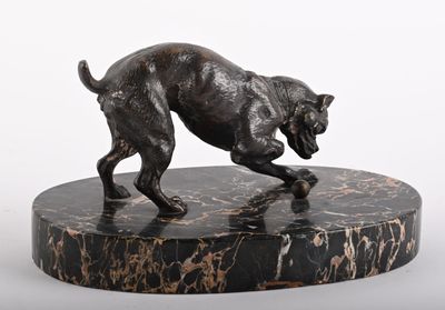 statue of a dog running on a marble base on a white background