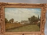 an old picture of a painting of a farm with a church in the background