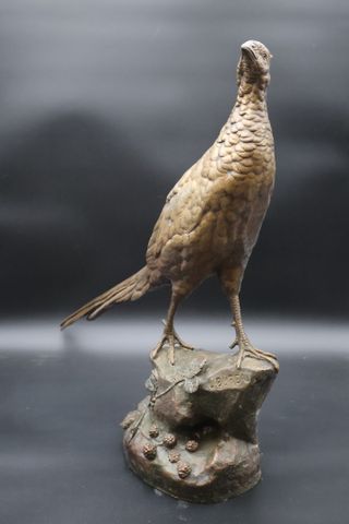 Léon BUREAU (1866-1906) - Poule faisane sur un rocher cerné de mû...