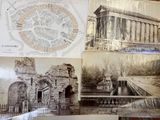 some old photos of a building and a fountain in a room