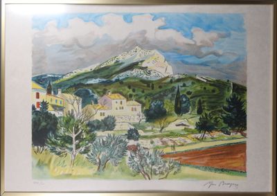 une image représentant une peinture d'une montagne avec un village en arrière-plan