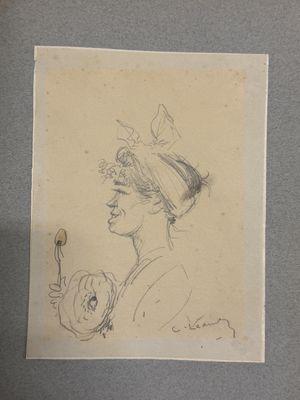 dessin représentant une femme avec un oiseau sur la tête et une fleur à la main