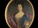 a painting of a woman in a blue dress holding a cat
