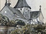 tableau représentant une église avec un clocher et un jardin au premier plan