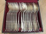 a lot of silverware in a case on a table