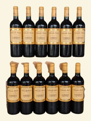 six bottles of red wine are lined up in a row