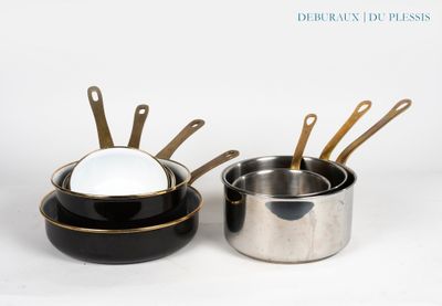 deux casseroles et poêles posées l'une à côté de l'autre sur une table