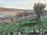 un tableau représentant un champ vert parsemé d'arbres