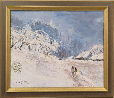 an oil painting of two people skiing down a snow covered mountain