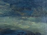 an oil painting of a boat on a body of water under a cloudy sky