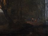 a painting of a man and a dog in a wooded area