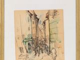 une image représentant un dessin d'une scène de rue avec des personnes marchant dans la rue