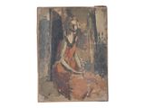 an old painting of a woman in a red dress sitting in a doorway