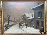 an oil painting of a horse drawn carriage on a snowy road