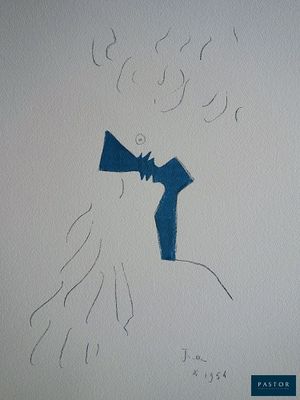 drawing of a woman with a blue hat and a blue scarf