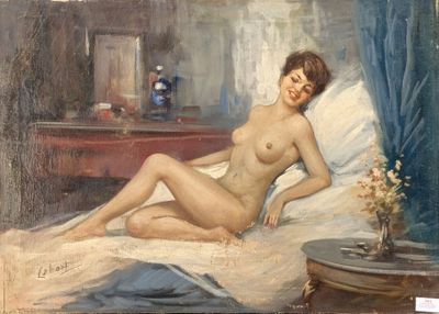 a painting of a nude woman sitting on a bed