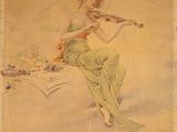 an old painting of a woman playing a violin in a green dress