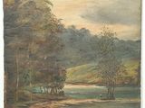 l'image d'une peinture représentant une rivière avec des arbres au premier plan