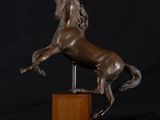 bronze statue of a horse standing on its hind legs on a wooden base
