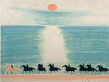 tableau représentant un groupe de chevaux galopant sur une plage, avec le soleil en arrière-plan