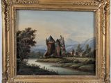 an oil painting of a castle by a river in a golden frame