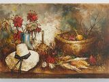 a painting of a hat on a table next to a basket of flowers