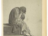 un vieux dessin représentant une femme assise sur un rebord, la tête entre les mains