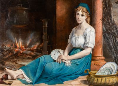 un tableau représentant une femme assise devant une cheminée