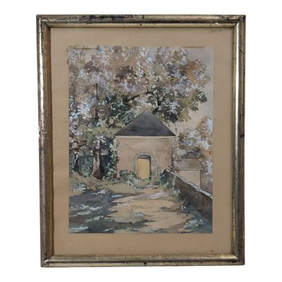 une peinture à l'huile d'une maison dans une zone boisée avec des arbres