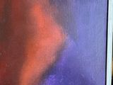 an oil painting of a red and purple abstract painting on a wooden surface