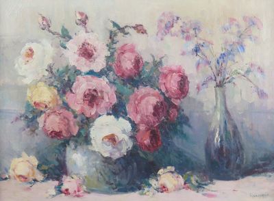 une peinture de fleurs dans un vase sur une table