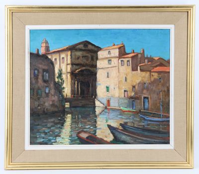 une peinture à l'huile représentant une scène de canal avec des bateaux sur l'eau