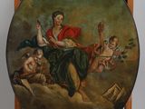painting of a woman sitting on top of a wooden easel holding a book